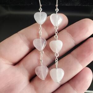 Cascading Hearts Earrings in Rose Quartz with Silver Tone Findings 3 inches